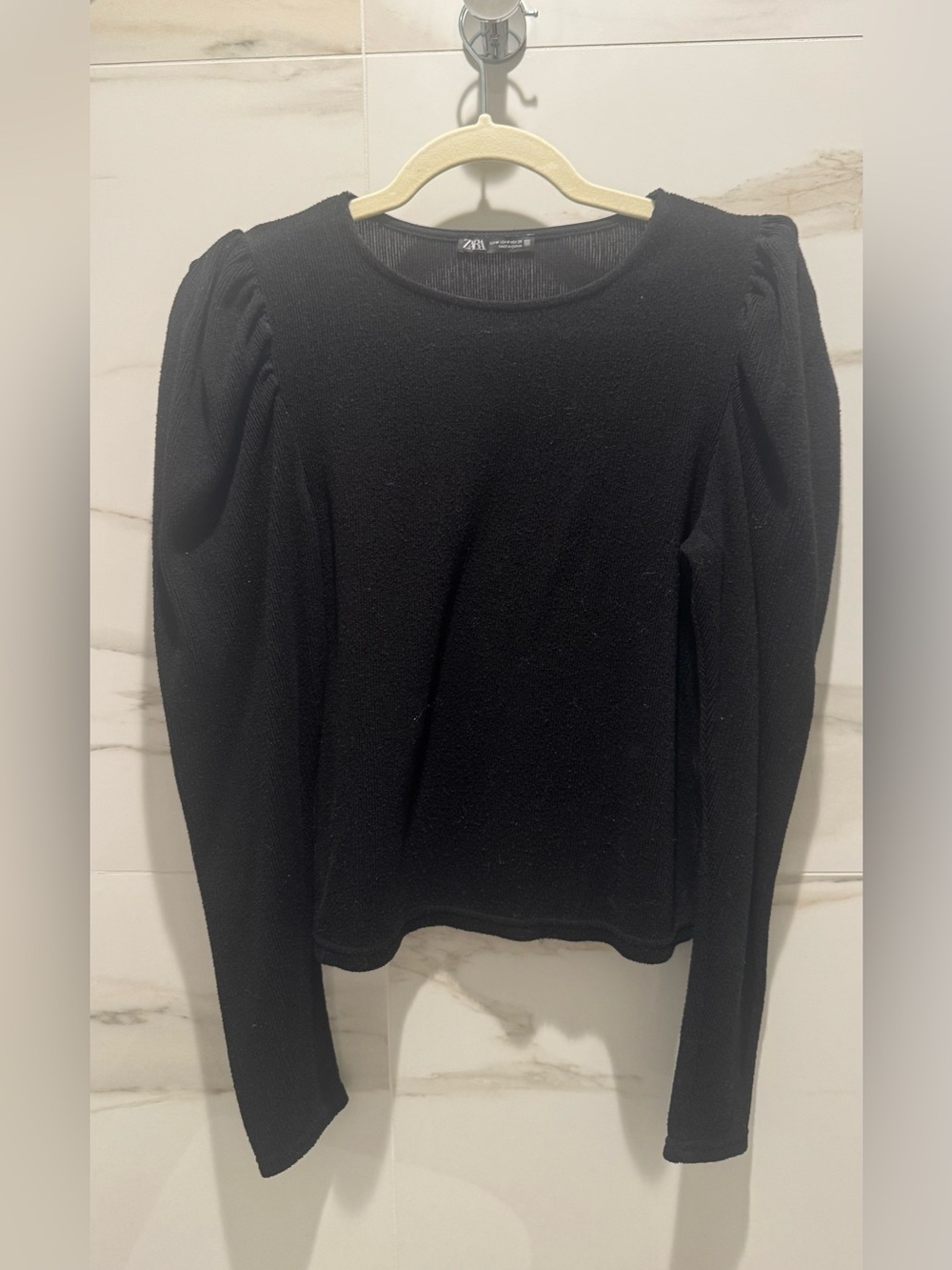Zara Black Puff-Shoulder Long Sleeve Top